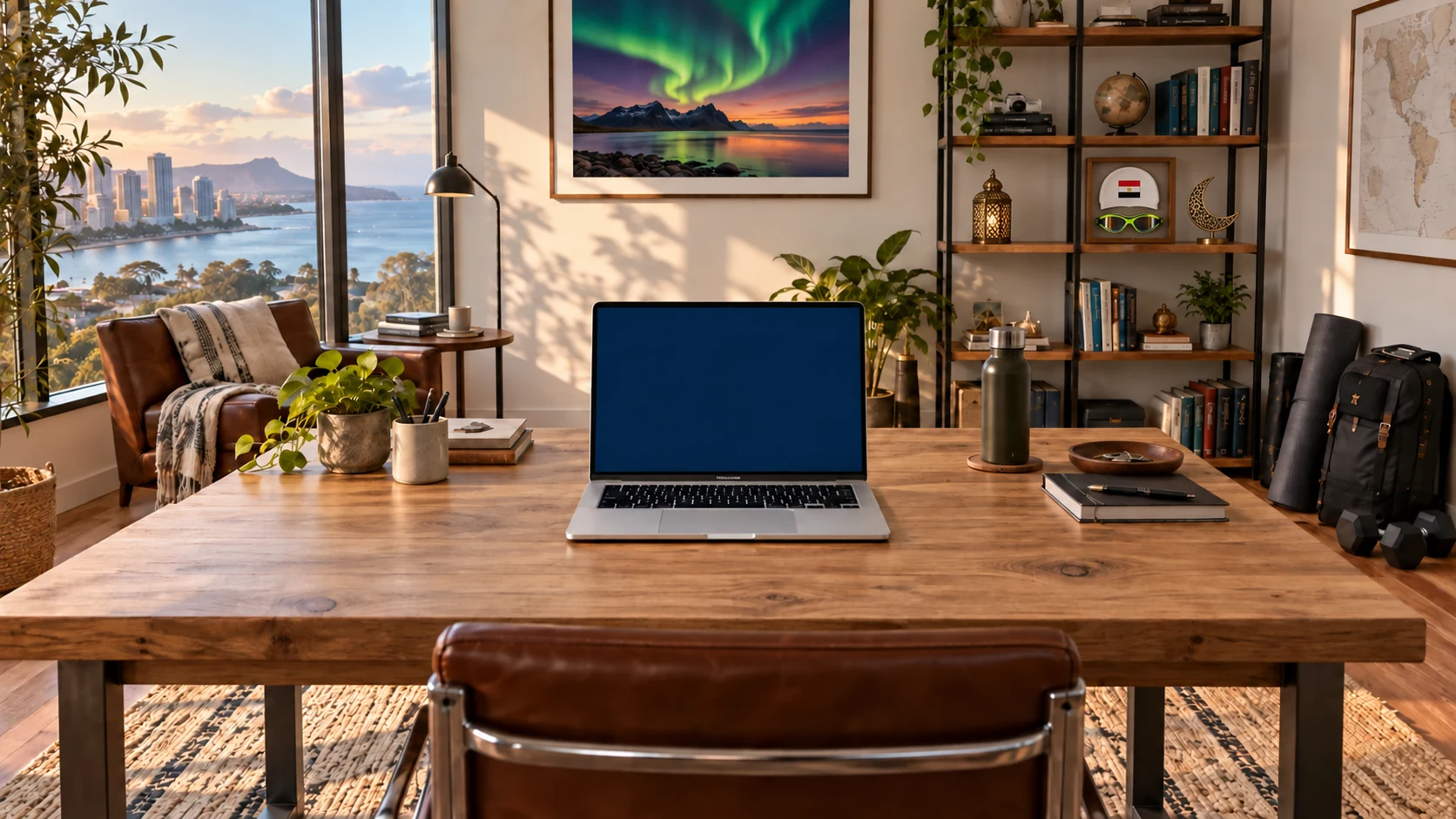 A warm office with a laptop on an oak desk, framed Icelandic northern lights, a white Egyptian swimming cap and lime racing goggles in a small frame, Islamic lantern and crescent decor, and workout equipment